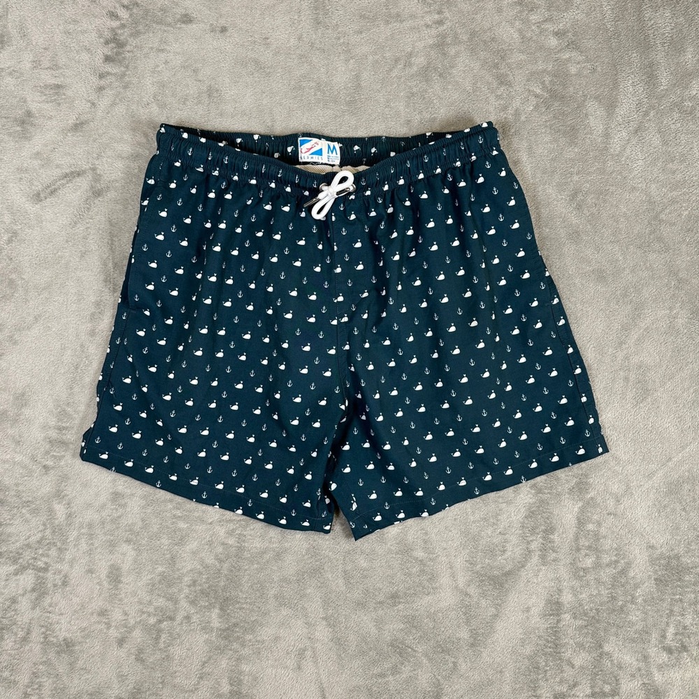 Bermies Mens Swim Trunks Medium Blue Whale Anchor Nautical Print Mesh Lined 5in